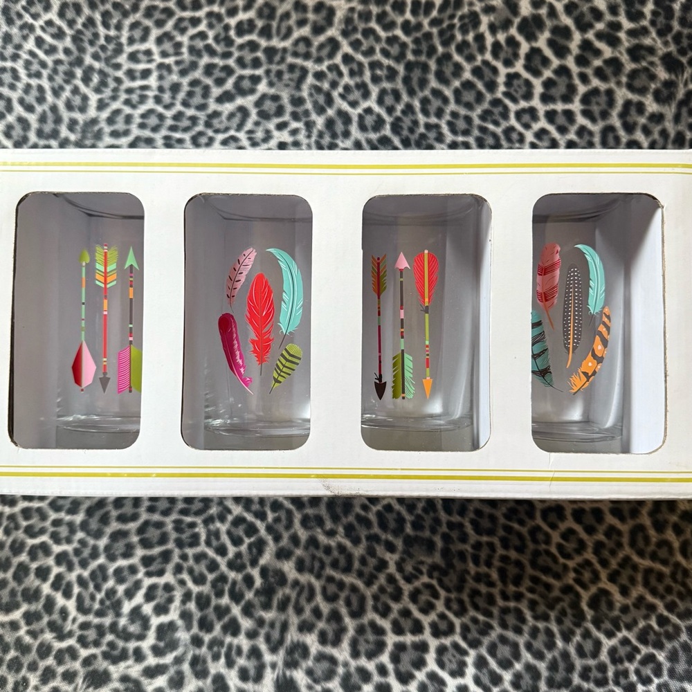 Paper Source Colorful Feather And Arrow 8 oz Glass Set NWT